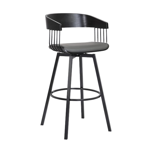 Armen Living Athena 31" Swivel Black Wood Bar Stool in Gray Faux Leather with Black Metal LCATBABLKGRY30 - main